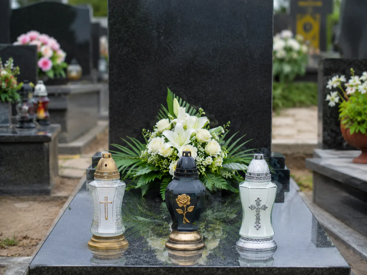 Czysty grób udekorowany kwiatami i zniczami